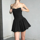 Wind Design Sensitive Fishbone Waist Wipe Chest Skirt 2024 New Summer Temperament Age-Reduced Bare-Back Canopy Small Black