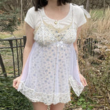 y2k Lace Frill Sundress Transparent Strap Bow Cute Sweet Mini Dress Women Party Holiday Retro Korean Chic Strap