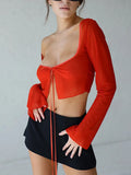 Aesthetic Crop Top Summer Women Mesh Long Sleeve T Shirt Lace Up Bandage Clothes y2k Clothes Casual Grunge