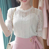 Summer Elegant Temperament Shirt Women's O-neck Half Sleeve Lace Blouses Female Hollow Out Solid Color Tops Plus