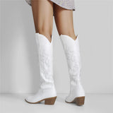 Onlymaker Women White Knee High Boots Western Cowboy Boots Wide Calf Embroidered Pointed Toe Block Heel Pull-On Cowgirl