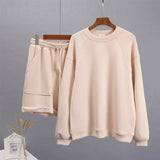 Summer Soft Cotton Sets Women Loose Casual 2 Pieces Long Sleeve Sweatshirt &amp; High Waist Pants Solid Outfits