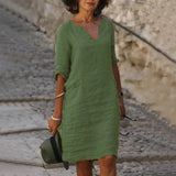 Cotton Linen Small V-neck Stitching Retro Basic Model Solid Color Three-quarter Sleeve