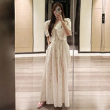 Zingj Chic Niche Temperament V Neck Hollow Lace Embroidered Jacket Women High Waist Pressure Pleated Skirt Two Sets Of