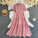 Zingj Version Dress Summer Lapel Hollowed-Out Embroidery Aging Bubble Sleeve Loose Medium And Long Bohemian Holiday