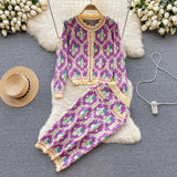 Winter Women's Knitted Sets Round Neck Jacquard Single Breasted Knit Cardigan + High Waisted Straight Midi Skirt