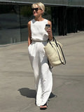 Zingj And Linen Suit Summer 2024 Short Style Sleeveless Elastic Waist Top Trousers Slit Two-Piece