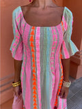 Patchwork Half Sleeved Women Maxi Dress Casual Beach Holiday Square Collar Ruffles Loose Dress Female Bohemian Mujer