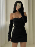 SUCHCUTE Gothic Vintage Sexy Dress Womne Off Shoulder With Gloves Streetwear Evening Outfits Aesthetic Lady Skinny 90s