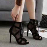 Black Net Suede Fashionable Cross-Tie Large Size Fish Mouth Sexy High-Heeled Lace-Up Women's