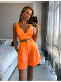 Summer V Neck Strap Crop Top + High Waist Shorts Women's Solid Color