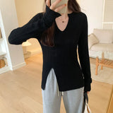 Sense Of Design For A Minority Split Sweater The New Autumn Style Shows A Thin V-Neck Long-Sleeved