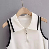 New Summer Lapel With Color Zipper Knitted Vest Shows The Navel Short Style