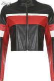 Streetwear Stripe Patchwork Moto Style PU Leather Jacket Female Winter Coat Zip Up Outwear Biker Racing Jackets