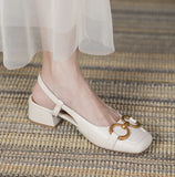 Zingj French Horse Title Buckle Soft Leather Bun Sandals Female Summer Middle Heel Soft Sole Comfortable Square Head Back Empty Thick Heel Single Shoes