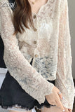 Women Lace Summer Sun-proof Simple Sexy Female Clothing Sheer Tops Preppy V-Neck Casual Trendy Harajuku Basic Korean