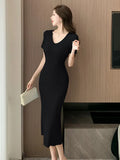 Zingj V-Collar Short-Sleeved Knitted Dress For Women In Summer, A Thin, Tight Waist, Slim, Slim, Medium-Length Hip
