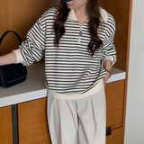 Lapel Sweater Women's Thin Autumn Coat Striped Long-Sleeved Shirt Minority Zipper Polo Shirt Trend In