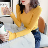 Zingj Autumn And Winter New Style Kengtiao Thin Knitted Blouse Woman V-Collar Slim Solid Color Cover Bottom
