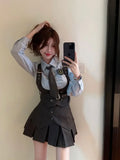 Cool Hot Girls College Style Suit Women's Autumn Slim Shirt High Waist Pleated Skirt Strap Vest Fashion Three-piece