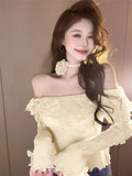 Hot Girl Flare Sleeved Sweater Women's Autumn and Winter Off Shoulder Slash Neck Knitted Pullover Fashion Female