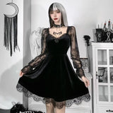 Dark Dress Lace Stitching Shows Chest Long-Sleeved Lotus Leaf Edge Waist Shows Thin Casual