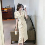 Elegant Suit Collar Midi Dresses for Women 2023 Summer New Vintage Fashion High Waist Short Sleeves Black Female