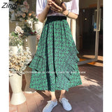2023 Spring Summer Green Floral Print Midi Long Skirt Women Korean Ruffles Mid-Length High Waist A Line Skirt