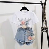 Cotton T-Shirt Tops + Short Jeans 2 Pieces Sets 2024 New Summer Women's Denim Pants Outfits 3D Flowers Beading