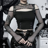 Punk Style Hollowed-Out Long-Sleeved Women's Blouse With A New Sexy Waist Mesh Mesh In The Fall Of