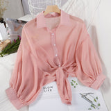Woman Blouses Sparkles Shinning Chiffon Shirts Button Up Women's Blouse shirts Tied Up Waist Transperant