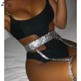 Summer Women's Sleeveless Cut Out Bodysuit 2023 New Skinny Femme Sexy Body Sequin Rhinestone Strap Top