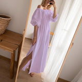 Women Fashion V-Neck Solid Draped Maxi Dress Elegant Lace-Up Slim Waist Split Dresses Summer Puff Short Sleeve Loose Long