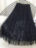 Summer Skirts Women Korea Long Tulle Skirt Sequined Pleated A Line Midi Skirt Chic High Waist Skirt
