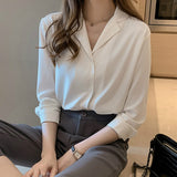 V-neck Office Shirt Korean Long Sleeve Polo Collar Women Clothing Solid Chiffon Blouse Womens Tops