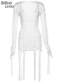 Solid Trend Hollow Two Piece Set Women Spring Full Sleeve Concise Top+Ribbons Hip Dresses Female Vacation Party