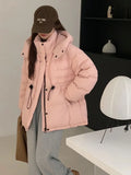 Outdoor Cold Resistant White Duck Velvet Overalls Down Jacket Female 2024 New Fashion Hooded Leather Logo Waist Show Thin Coat-Outfit