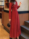 Elegant France Sequin Party Dress Vintage Long Sleeve V-Neck A-Line Robe Women Spring Solid Slim Vestidos