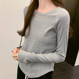 New Autumn And Winter T-Shirt With A Round Collar And Long Sleeves. A Short Ins Blouse With A Curved