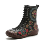 Zingj And Winter New Flat-Soled Women's Boots National Style Leather Printing Medium-Tube Martin Boots Warm And Comfortable Cotton