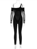 Velvet Patchwork Mesh Jumpsuits Women Long Sleeve Off Shoulder Sexy Slim One Piece Outfits Lady Attirewear