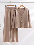 Winter New Women's Knitted Sets Fashion Large Gold Button V-Neck Sweater Wide Leg Pants Suits Thicken Knit Two Piece
