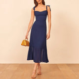 For Women Elegant Vintage Floral Dress Frill Sweetheart Neck Sleeveless Strap Tie Ruffle Hem Summer Beach