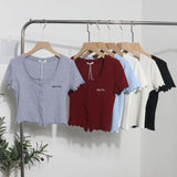 Casual Wood-Eared Embroidery Short Small Cardigan Bottom Shirt T-Shirt T-Enum T-Shirt