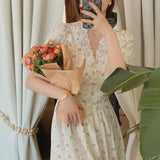 Floral Dress Women Elegant Lace Chiffon Korean Party Dress Puff Sleeve V Neck Midi Dress Fall Dresses for Women