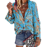 New Design Plus Size Women Blouse V-neck Long Sleeve Chains Print Loose casual Shirts Womens Tops And