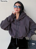 Women Solid Fleece Hoodies Clothing Long Sleeve Tops Loose Pocket Sweatshirt Female Casual