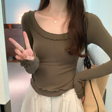 U-Collar Long-Sleeved T-Shirt Women's New Autumn Design Style Underneath A Slim And Slim