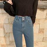 Zingj Double-Button Small Foot Jeans Women's Fall 2024 New Summer Slim Show Thin Nine Minutes Tight Black Pants-Outfit