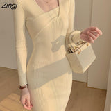 Knitted Dress Women Autumn 2021 Long Sleeve Sweater Elegant Party Dress Office Lady Slim Female One-Piece Dress